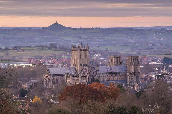 Wells Cathedral and Glastonbury Tor at dawn, Somerset, England. Winter (December) 2019