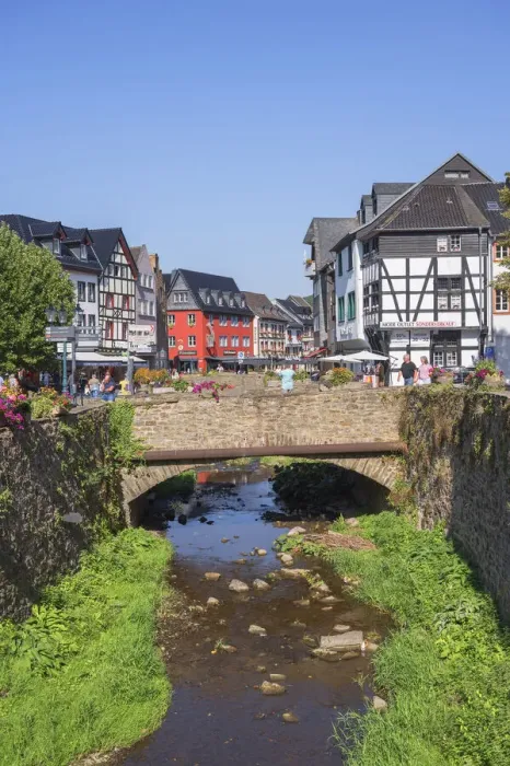 Framed Print : Wertherstrasse at Bad Munstereifel with river Erft, Eifel, North Rhine Westphalia, Germany
