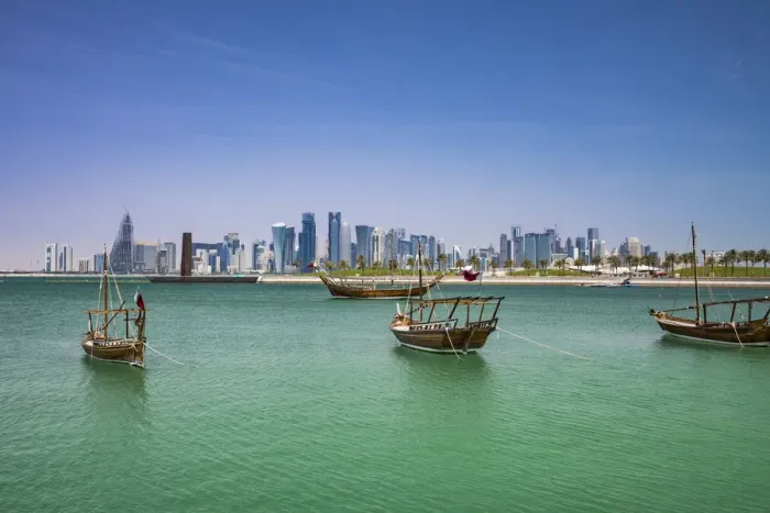 Framed Print : West Bay skyline and Dhows in harbour, Doha, Qatar Framed Print : West Bay skyline and Dhows in harbour, Doha, Qatar