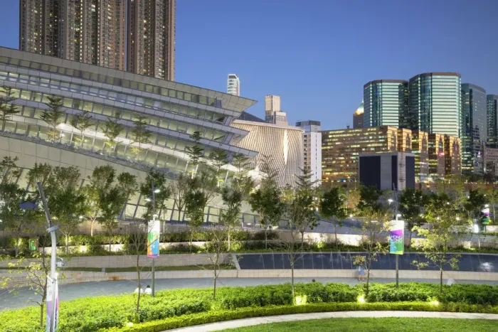 Framed Print : West Kowloon High Speed Rail Station and plaza at dusk, Kowloon, Hong Kong