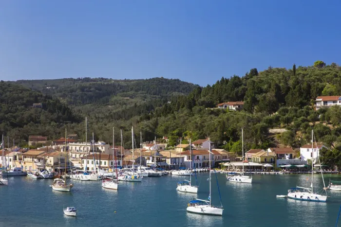 Framed Print : Western Europe, Greece, Ionian Islands, Paxos. The waterfront at Lakka