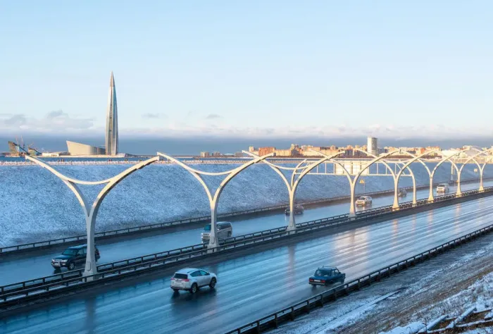 Framed Print : The Western High-Speed Diameter toll motorway with Lakhta Center in the background Framed Print : The Western High-Speed Diameter toll motorway with Lakhta Center in the background