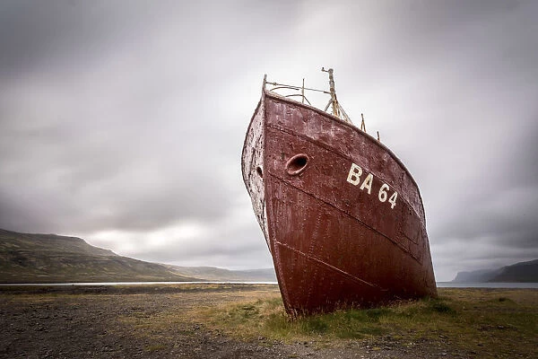 Westfjord, Iceland. Lonely shipwreak in the cold icelandic landscape