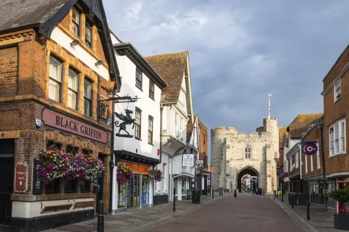 Framed Print : Westgate Towers as seen from St Peters Street, Canterbury, Kent, England Framed Print : Westgate Towers as seen from St Peters Street, Canterbury, Kent, England