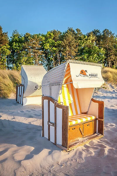 White beach chairs on the beach of Zingst, Mecklenburg-Western Pomerania, Baltic Sea, Northern Germany, Germany