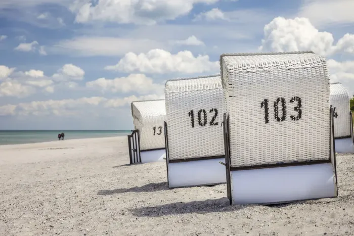 Framed Print : White beach chairs in Zingst, Mecklenburg-Western Pomerania, Northern Germany, Germany