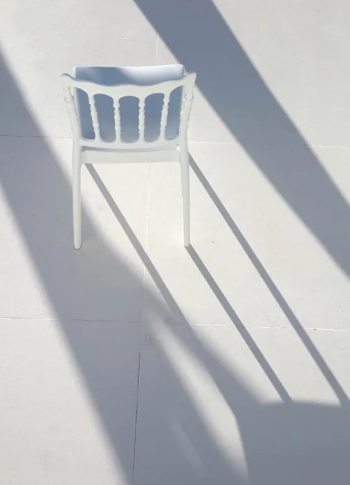 Framed Print : White chair and shadows, Imerovigli, Santorini, Cyclades Islands, Greece, Europe