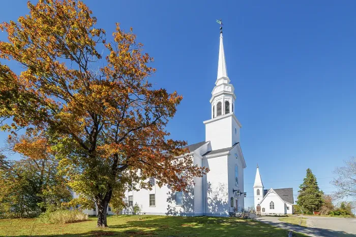 Framed Print : White Churches, Lubeck, Maine, New England, USA