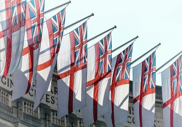 White Ensigns decorating the Admiralty Arch during Trooping the Colour celebrations, marking the Queen official birthday and her 70-year Jubilee, London, England
