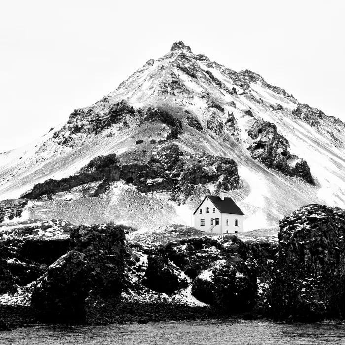 Framed Print : White house and snow-covered mountain in winter, Arnastapi, Snaefellsnes Peninsula, Iceland Framed Print : White house and snow-covered mountain in winter, Arnastapi, Snaefellsnes Peninsula, Iceland