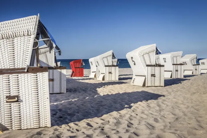 Framed Print : White and red beach chairs in Boltenhagen, Mecklenburg-Western Pomerania Framed Print : White and red beach chairs in Boltenhagen, Mecklenburg-Western Pomerania