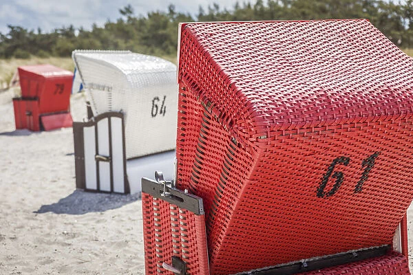 White and red beach chairs in Zingst, Mecklenburg-Western Pomerania, Northern Germany