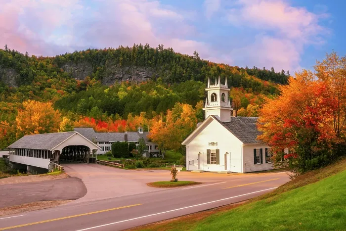 Framed Print : White-stepple hurch and covered bridge in autumn, Stark, New Hampshire, USA Framed Print : White-stepple hurch and covered bridge in autumn, Stark, New Hampshire, USA
