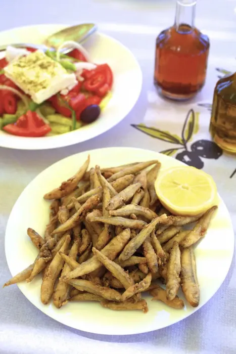 Framed Print : Whitebait and Greek Salad, Crete, Greek Islands, Greece, Europe Framed Print : Whitebait and Greek Salad, Crete, Greek Islands, Greece, Europe
