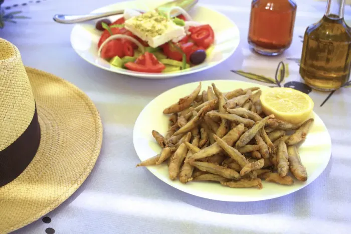 Framed Print : Whitebait and Greek Salad, Crete, Greek Islands, Greece, Europe Framed Print : Whitebait and Greek Salad, Crete, Greek Islands, Greece, Europe