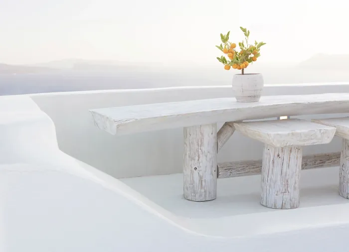 Framed Print : Whitewashed benches and table with caldera view behind, Oia, Santorini, Cyclades Islands, Greece, Europe Framed Print : Whitewashed benches and table with caldera view behind, Oia, Santorini, Cyclades Islands, Greece, Europe