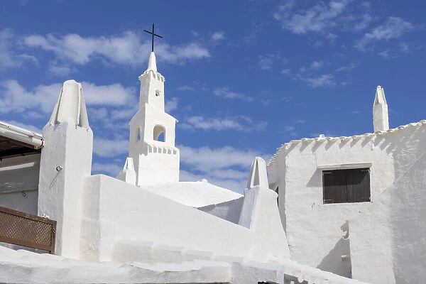 Whitewashed Church & houses in Binibeca Vell, Menorca, Minorca, Balearic Islands, Spain