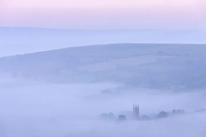 Framed Print : Widecombe in the Moor shrouded in morning mist, Dartmoor, Devon, England Framed Print : Widecombe in the Moor shrouded in morning mist, Dartmoor, Devon, England