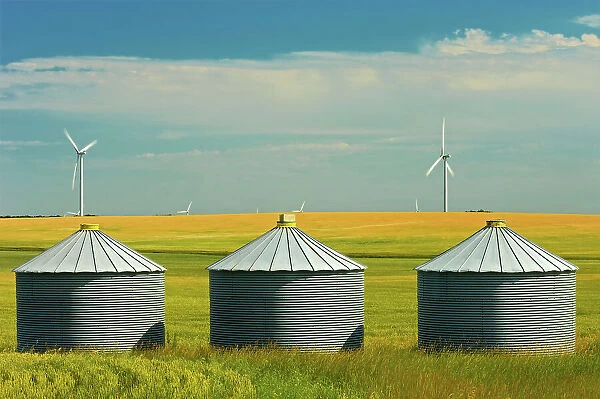 Wind turbines and grain bins SOmerset, Manitoba, Canada