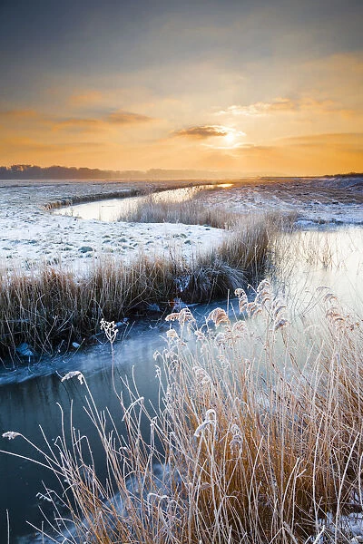 Winding Dyke at Sunrise in Winter, Herringfleet, Suffolk, England