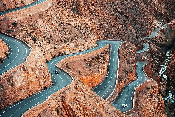 Winding road in Dades Gorge mountain canyon. Famous Morocco tourist landmark, R704 way