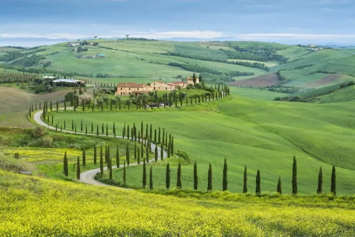 Framed Print : Winding road leading to a Tuscan farmhouse near Asciano, Tuscany, Italy