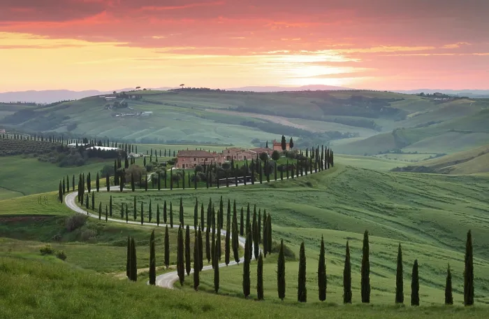 Framed Print : Winding road lined with cypress trees leading to Podere Baccoleno at sunset, Asciano, Crete senesi, Tuscany, Italy Framed Print : Winding road lined with cypress trees leading to Podere Baccoleno at sunset, Asciano, Crete senesi, Tuscany, Italy