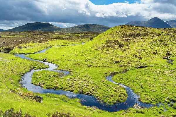 Winding stream near Loch Ba, Glencoe, Scottish Highlands, Scotland, UK