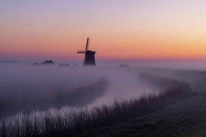 Framed Print : A windmill & canal in the mist at dawn, North Holland, Netherlands Framed Print : A windmill & canal in the mist at dawn, North Holland, Netherlands