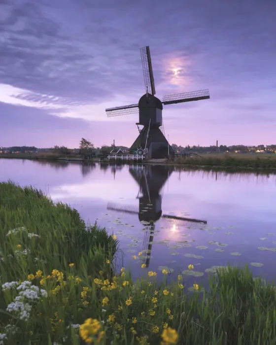 Framed Print : Windmill and moon reflected in the canal, Kinderdijk, Molenlanden, South Holland Framed Print : Windmill and moon reflected in the canal, Kinderdijk, Molenlanden, South Holland