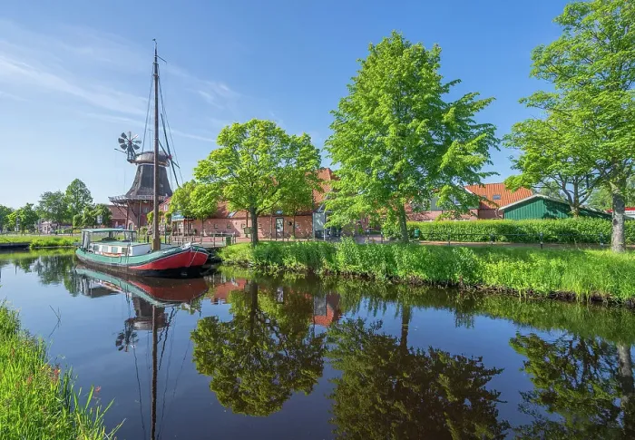 Framed Print : Windmill Ostgroszefehn with turf ship, Groszefehn, East Frisia, Lower Saxony, Germany