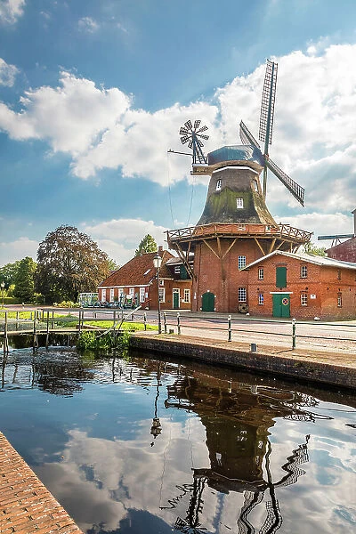 Windmill WestGrossefehn on the Fehn Canal, Grossefehn, East Frisia, Lower Saxony, Germany