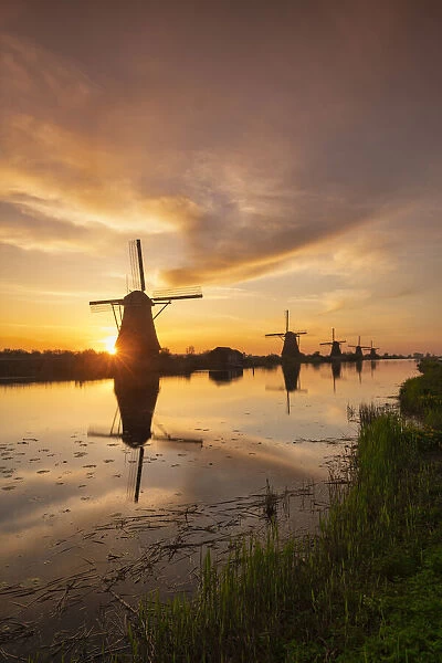 Windmills of Kinderdijk at Sunrise, Holland, Netherlands