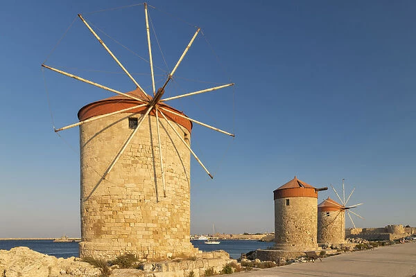 Windmills Along Old Harbour, Rhodes, Dodecanese Islands, Greece