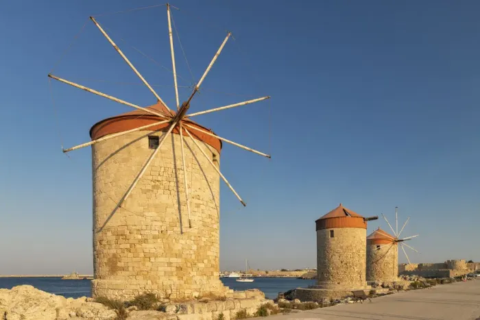 Framed Print : Windmills Along Old Harbour, Rhodes, Dodecanese Islands, Greece Framed Print : Windmills Along Old Harbour, Rhodes, Dodecanese Islands, Greece