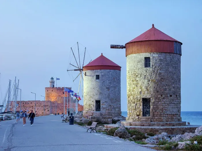 Framed Print : Windmills and Saint Nicholas Fortress at dusk, Rhodes City, Rhodes Island, Dodecanese, Greece Framed Print : Windmills and Saint Nicholas Fortress at dusk, Rhodes City, Rhodes Island, Dodecanese, Greece