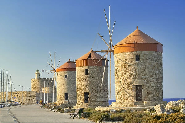 Windmills & St. Nicholas Fortress, Rhodes, Dodecanese Islands, Greece