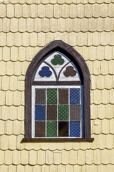 Window of Lutheran Church, Puerto Varas, Llanquihue Province, Los Lagos Region, Chile