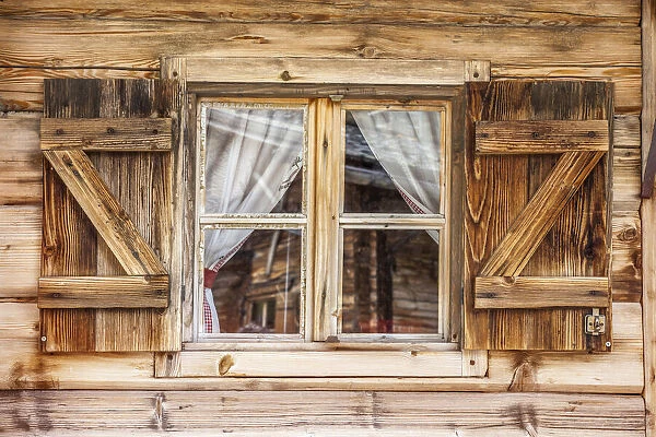 Window of a mountain hut in Reintal, Rein in Taufers, South Tyrol, Italy, South Tyrol, Italy