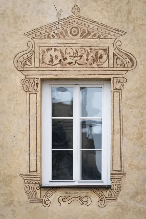 Framed Print : Detail of window and painted facade of house, Ceske Budejovice, South Bohemian Region, Czech Republic Framed Print : Detail of window and painted facade of house, Ceske Budejovice, South Bohemian Region, Czech Republic