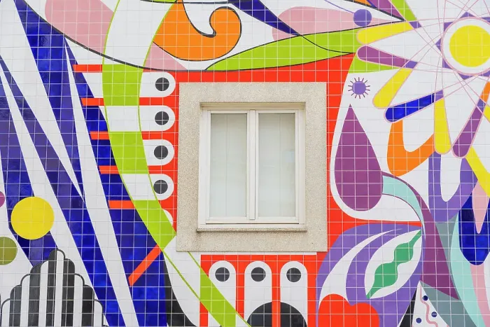 Framed Print : A window and tiled colourful wall mural by Joana Vasconcelos, Porto, Portugal, Europe Framed Print : A window and tiled colourful wall mural by Joana Vasconcelos, Porto, Portugal, Europe