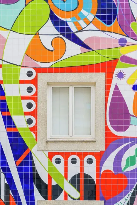 Framed Print : A window and tiled colourful wall mural by Joana Vasconcelos, Porto, Portugal, Europe Framed Print : A window and tiled colourful wall mural by Joana Vasconcelos, Porto, Portugal, Europe
