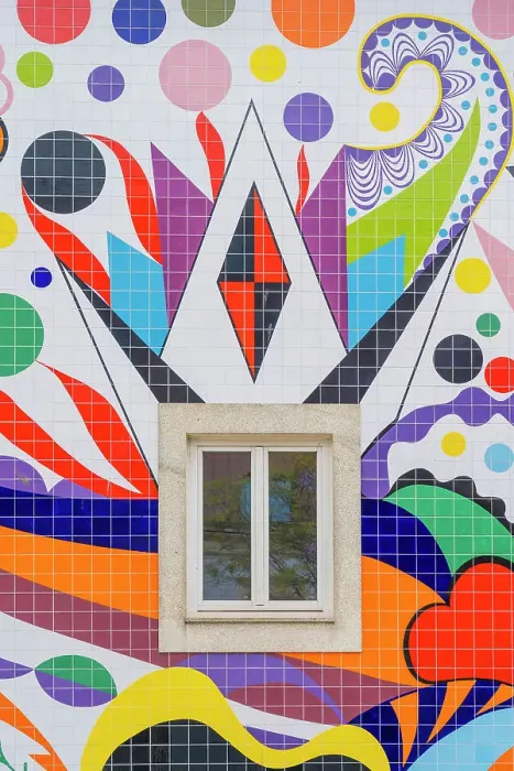 Framed Print : A window and tiled colourful wall mural by Joana Vasconcelos, Porto, Portugal, Europe Framed Print : A window and tiled colourful wall mural by Joana Vasconcelos, Porto, Portugal, Europe