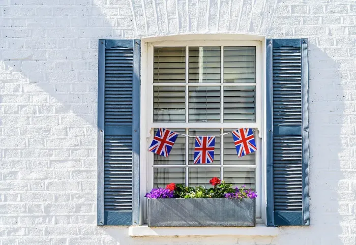 Framed Print : Window, with uinion flags, Kensington, London, England, UK Framed Print : Window, with uinion flags, Kensington, London, England, UK