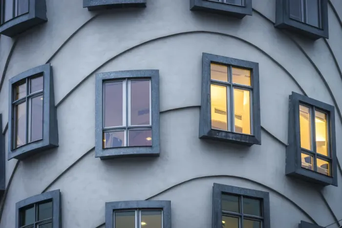 Framed Print : Detail of windows of Dancing House (AKA Fred and Ginger) at dusk, Prague, Bohemia Framed Print : Detail of windows of Dancing House (AKA Fred and Ginger) at dusk, Prague, Bohemia