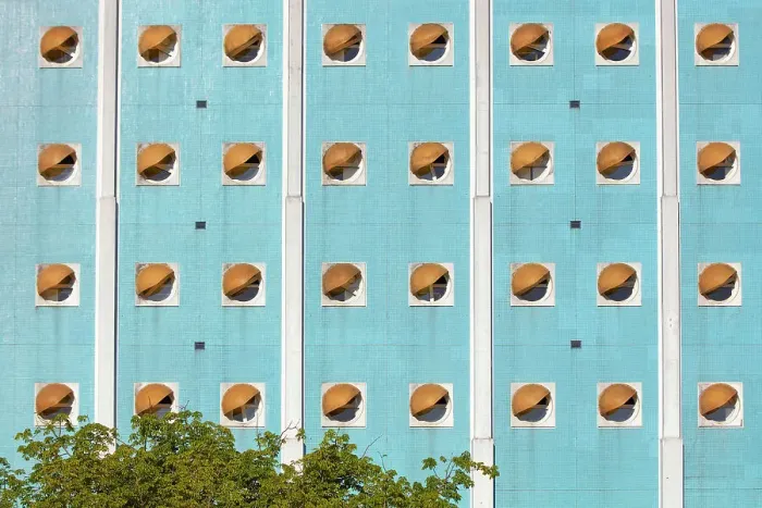 Framed Print : Windows over the main facade of the Hospital Naval Dr. Pedro Mallo designed in brutalist architecture by architect Clorindo Testa, Caballito, Buenos Aires, Argentina Framed Print : Windows over the main facade of the Hospital Naval Dr. Pedro Mallo designed in brutalist architecture by architect Clorindo Testa, Caballito, Buenos Aires, Argentina