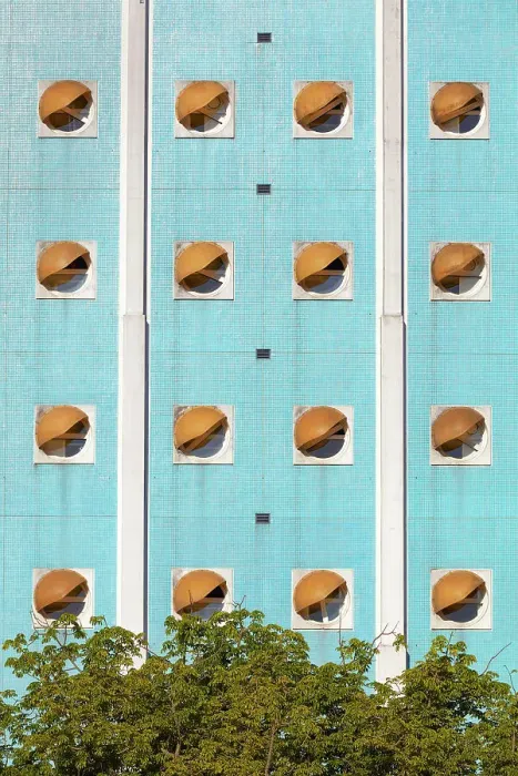 Framed Print : Windows over the main facade of the Hospital Naval Dr. Pedro Mallo designed in brutalist architecture by architect Clorindo Testa, Caballito, Buenos Aires, Argentina Framed Print : Windows over the main facade of the Hospital Naval Dr. Pedro Mallo designed in brutalist architecture by architect Clorindo Testa, Caballito, Buenos Aires, Argentina