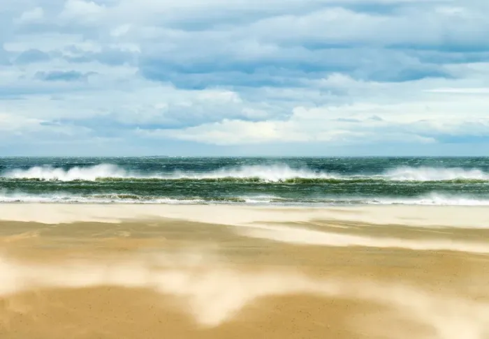 Framed Print : Windy day on the sandy beach between Bamburgh and Seahouses, Northumberland, UK
