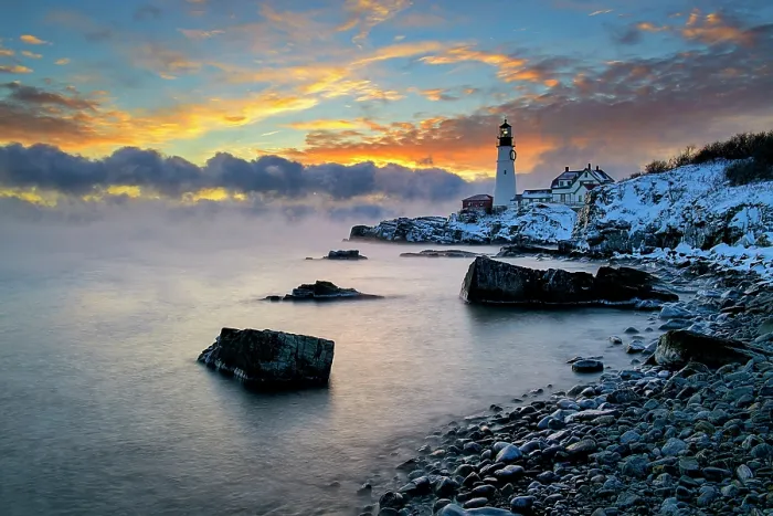 Framed Print : Winer sunrise with sea smoke at Portland Head Lighthouse, Cape Elizabeth, Maine, USA Framed Print : Winer sunrise with sea smoke at Portland Head Lighthouse, Cape Elizabeth, Maine, USA