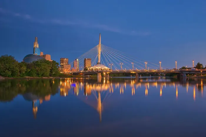 Framed Print : WInnipeg City skyline reflected in the Red River at dawn, Winnipeg, Manitoba, Canada Framed Print : WInnipeg City skyline reflected in the Red River at dawn, Winnipeg, Manitoba, Canada